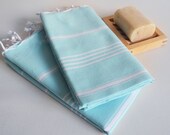 SET 2 Head and Hand Towel Peshkir - Ice Blue (white striped)