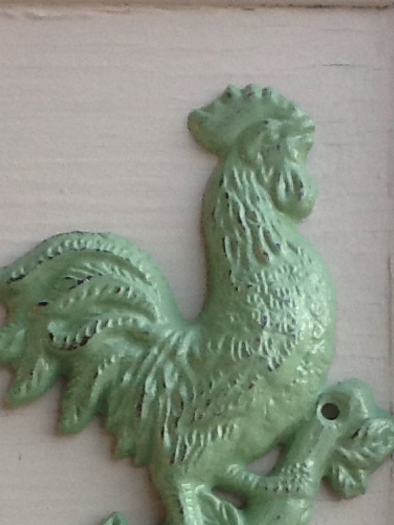 Rustic Cast Iron Rooster Hook - Cast Iron- Chicken-In Pistachio Color -Garden Decor-French Kitchen-Towel Holder-Shabby Chic-Summer Home