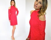 sizzlin' RED hot grunge CUTOUT shoulder bondage PARTY dress, small-medium