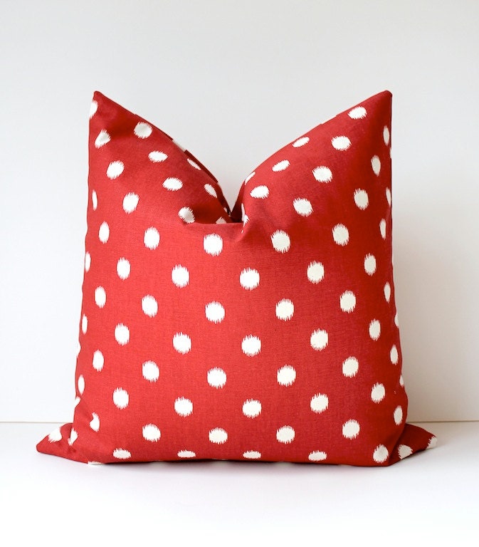 RESERVED pair of Ikat polka dots Modern Decorative Designer Pillow Covers 18 Red crimson Accent Cushion spot dot holiday decor vermilion