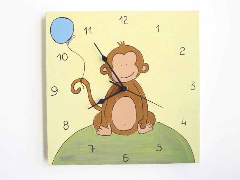 Children's clock- Baby Monkey yellow and green  ,Hand painted on canvas- nursery clock, kids clock, kids wall art