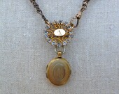 OOAK Victorian Assembled watch chain necklace with locket photo and hair paste initial brooch