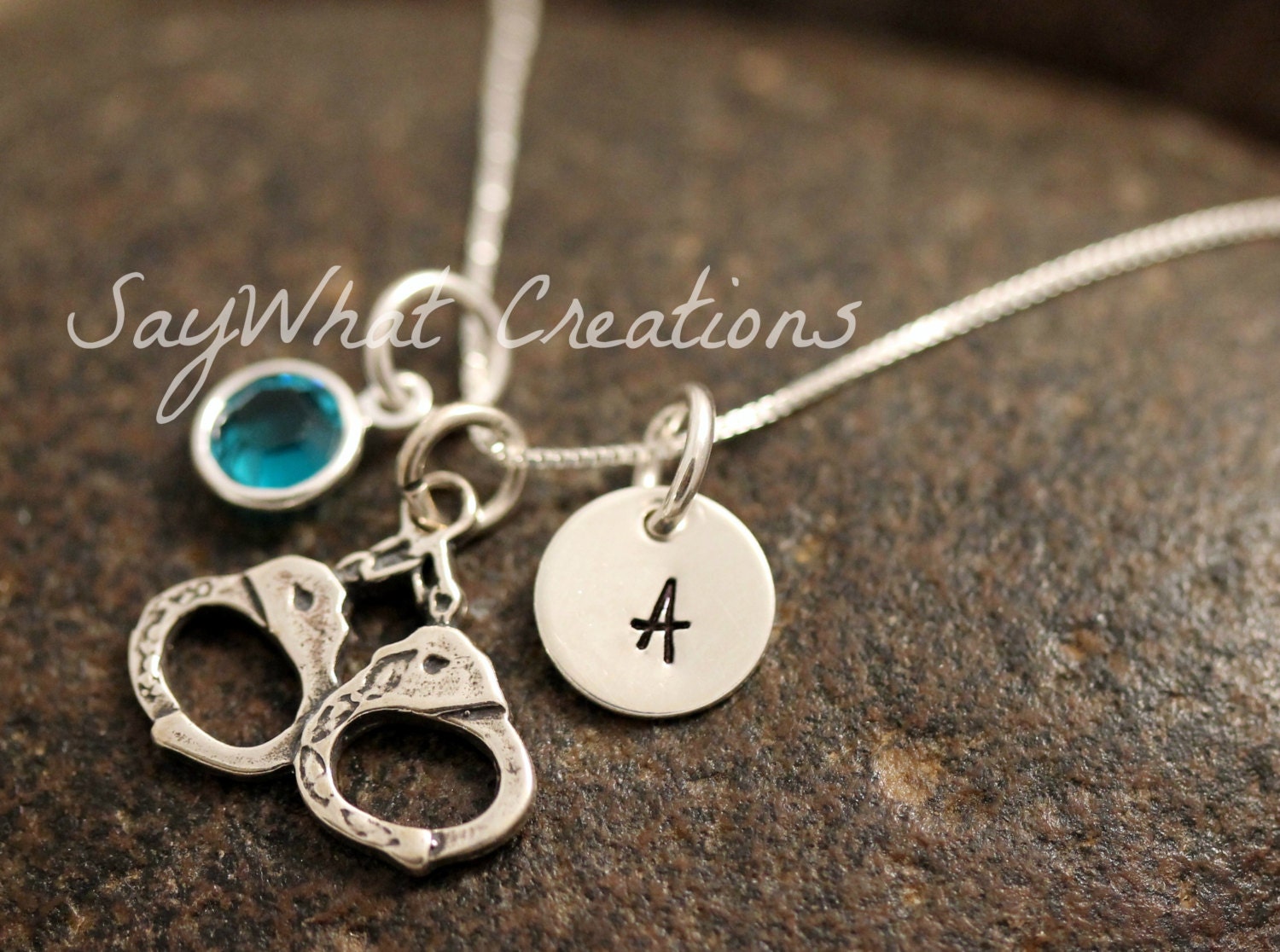 Sterling Silver Mini Initial Charm Necklace with Hand Cuffs Charm and birthstone
