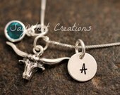 Sterling Silver Mini Initial Charm Necklace with Longhorns Charm and birthstone