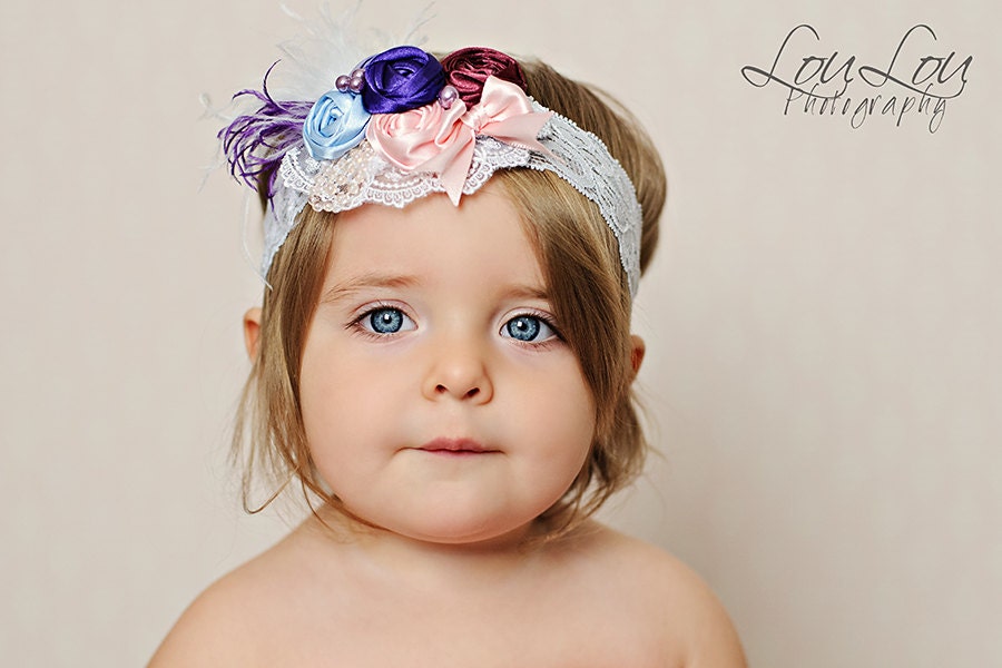 Gorgeous Vintage Inspired Shades of Purple Headband - Rosette Baby Girl Toddler Lace Headband - Great Photo Prop