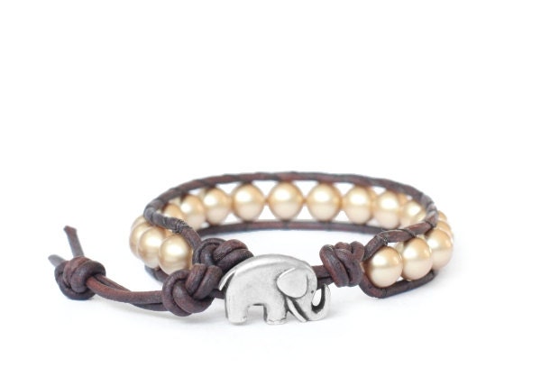 Vintage Gold... the lucky elephant Beaded Leather Wrap Bracelet - Swarovski Crystal Pearl with GOOD LUCK ELEPHANT Button