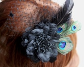 Peacock Feather And Flower Fascinator - Weddings - Black French Birdcage Veil - Fabric Flower - Rockabilly Bride - Head Piece, Hair Clip