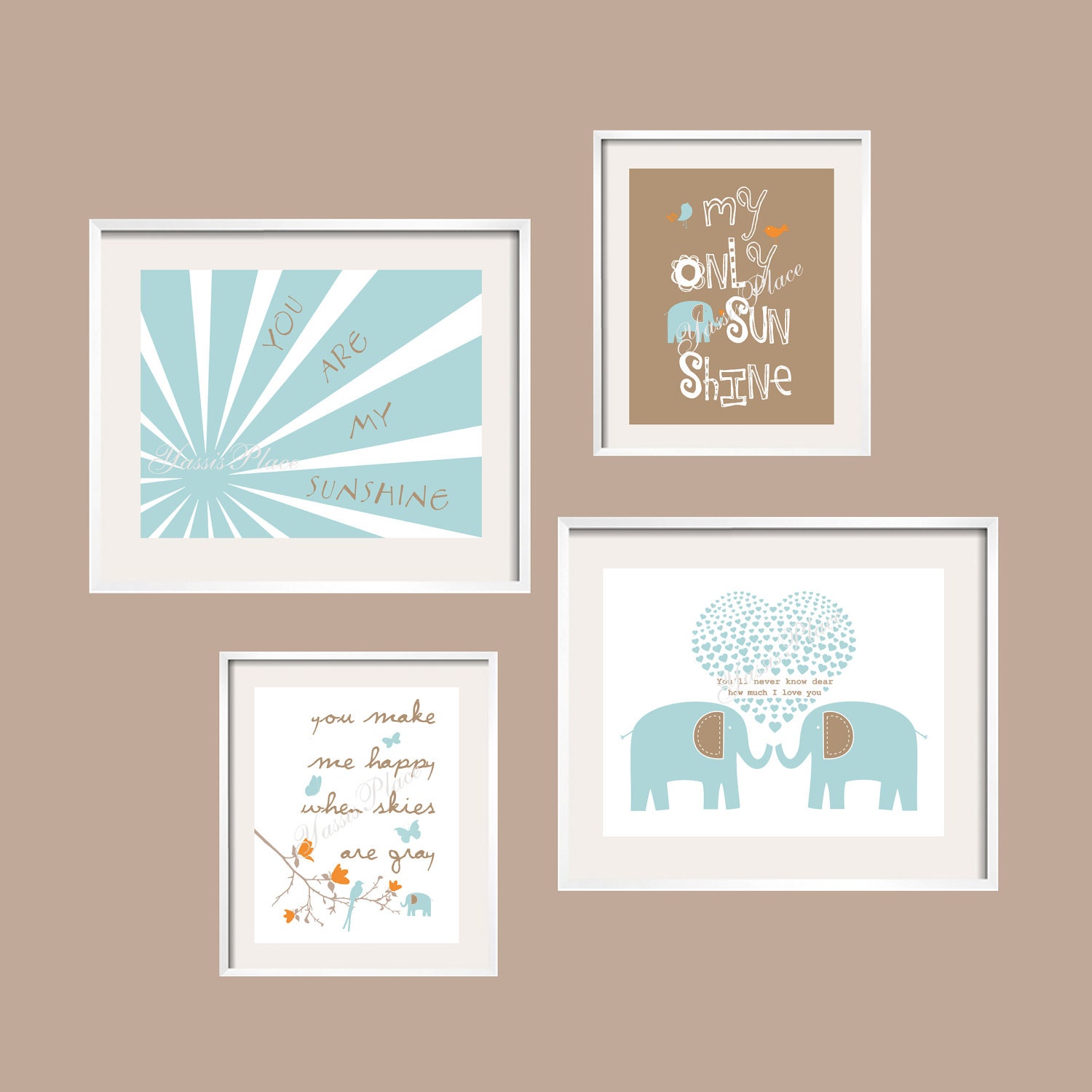 You Are My Sunshine Harper Aqua and Taupe Elephant Print Set for girl or boy 11x14 and 8x10 - Eclectic style Gallery wall Art - YassisPlace