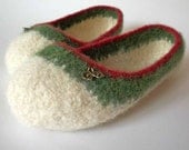 The Ade - Wool Felted Slipper - Womans Size 7 / Cream / Red / Green / Christmas / Flower Charms - READY TO SHIP
