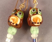 Wise Owl Lampworked Earrings with Genuine moonstones and 14kt gold plated earwires - white, brown, green