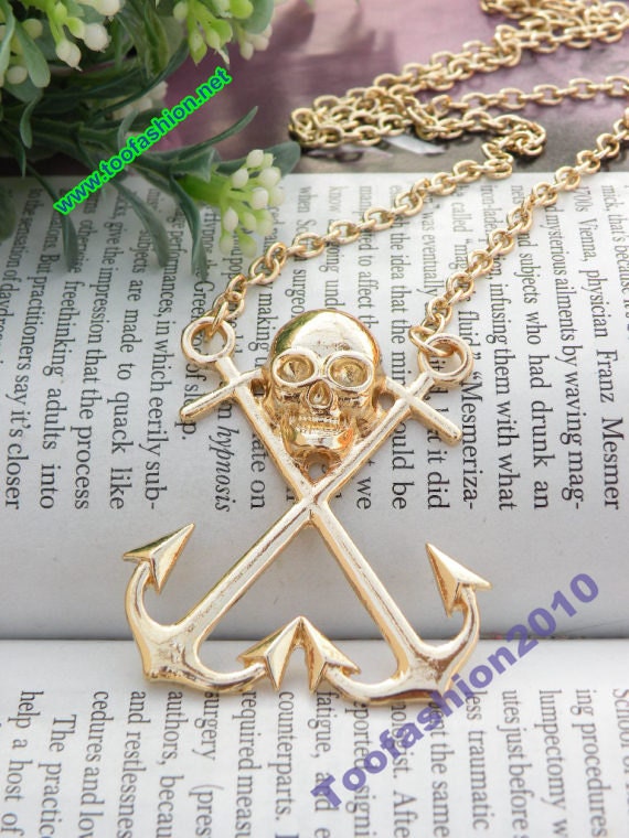 Pretty retro gold skull with anchors Pirates of the Caribbean necklace pendant punk style