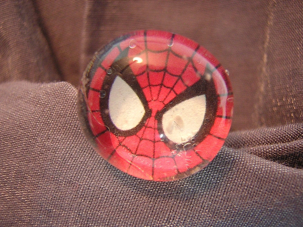 Spiderman Glass Pebble Ring with Adjustable Band - Handmade by Rewondered D225R-00009