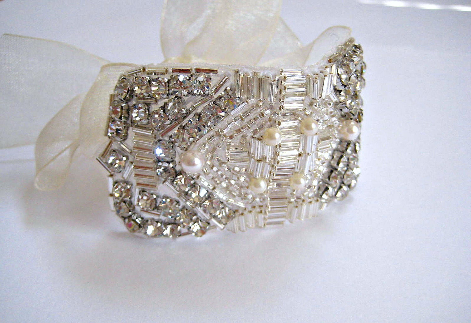 Bridal beaded swarovski crystal, pearl geometric art deco bracelet.  FLAPPER DECO