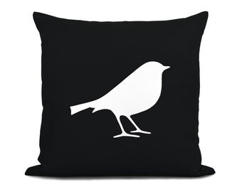 Black and white pillow cover - White bird applique on black fabric - 16x16 decorative throw pillow cover