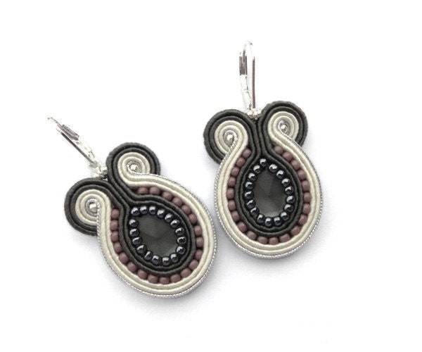 Grey smoke hand embroidered earrings, purple, grey, ecru, soutache earrings.