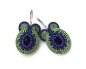 Green & Navy Blue hand embroidered earrings yellow, grey ecru soutache earrings. MADE TO ORDER. - mintESSENCE