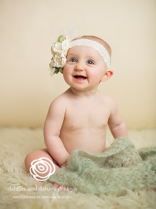 Baby Headband, Headbands, Flower Headband, Photo Prop Headbands, Children, Christmas / Apple Green and Cream Headband