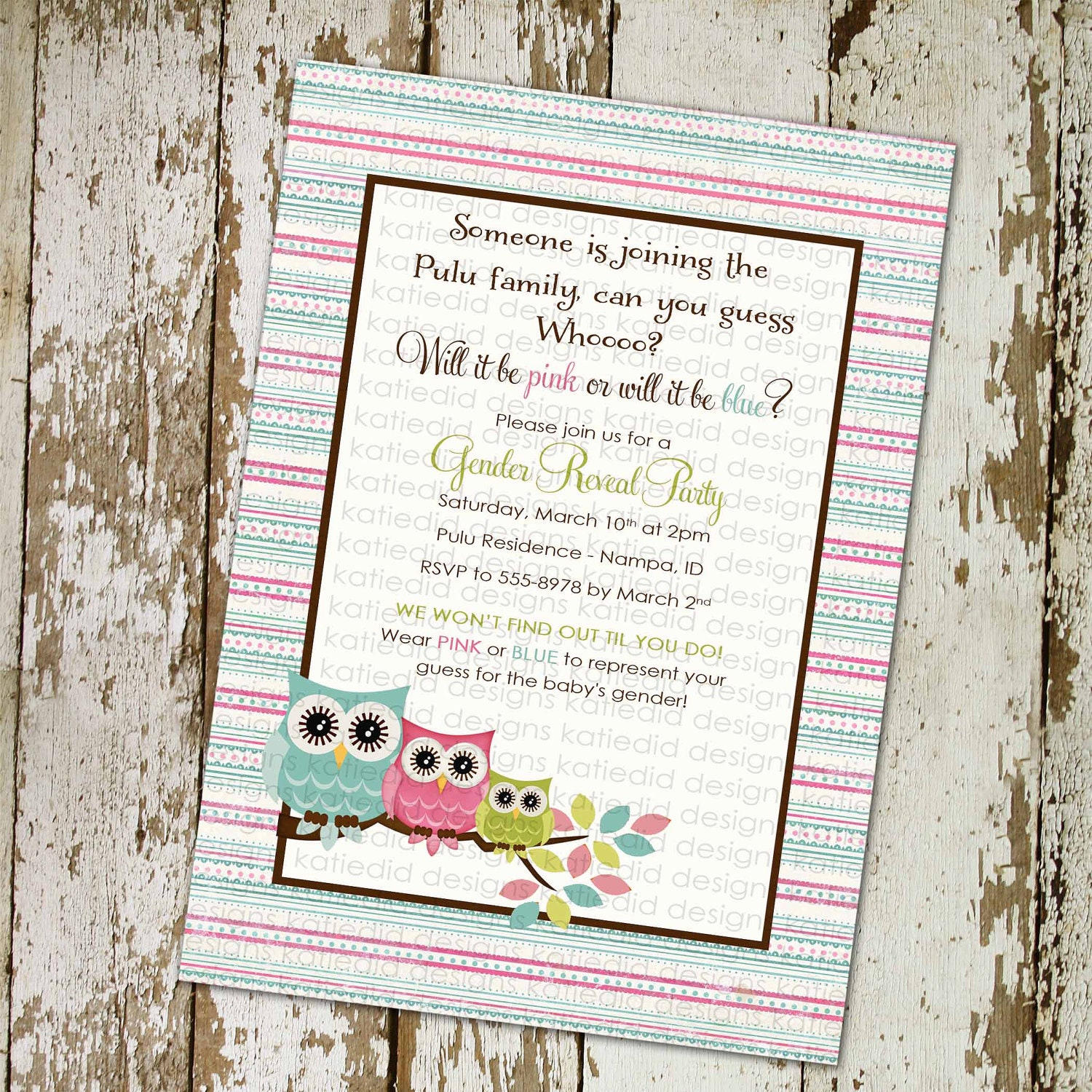 Gender reveal invitation with owls, pink and blue owl baby shower invitation digital, printable file (item 1427)