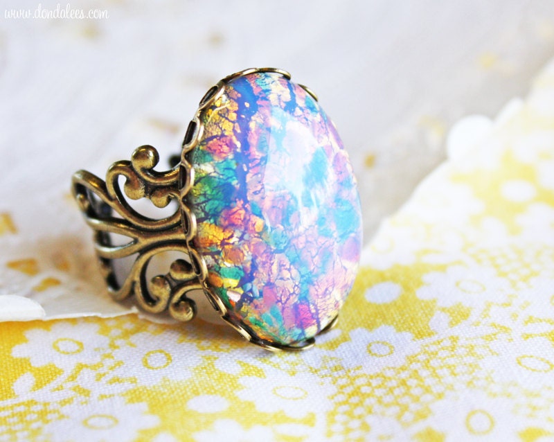 Vintage Pink Glass Fire Opal Ring- Large Antiqued Brass Oval Opal Ring