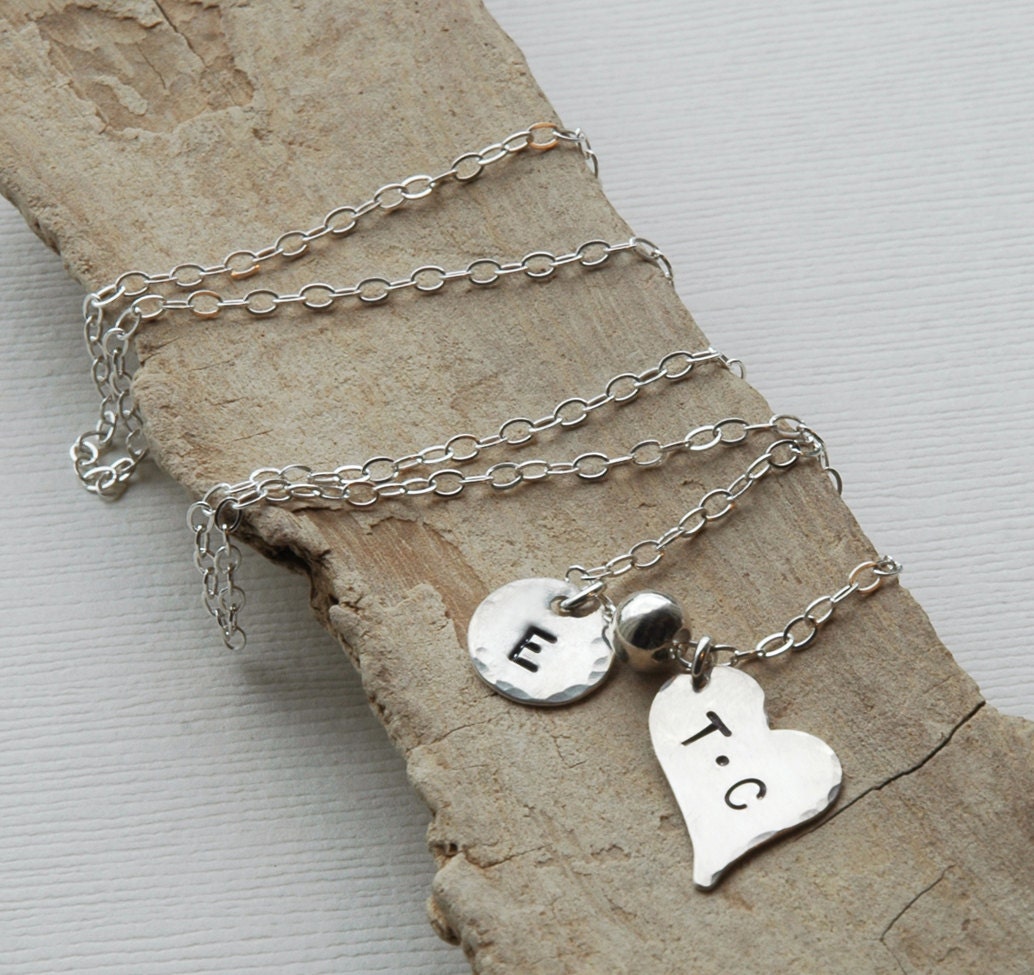 Hand Stamped Initial Necklace, Heart Necklace, Personalized Mothers Necklace, Wedding Date, Keepsake Jewelry, Engagement Gift