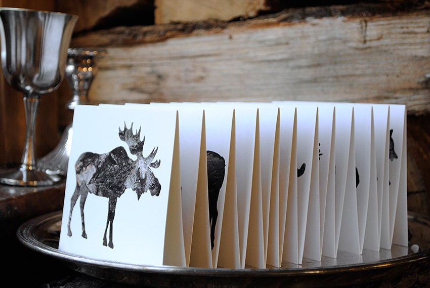 Woodland Animal Silhouettes, Eco Friendly Card Set : 12 Cards - Moose Reindeer Elk etc - Your choice of Animals