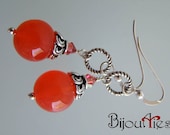 Genuine Chalcedony round beads, pink orange peach color, dangle earrings, Sterling Silver, Bali Silver bead caps.