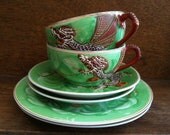 Vintage Green Dragon Tea Cup Set with Plates
