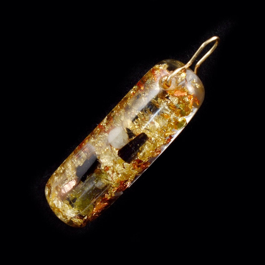 Moldavite Orgone Energy Pendant with Tibetan Crystal, Phenacite, Rhodizite, Selenite, Tourmaline, Gold Leaf ... (241)