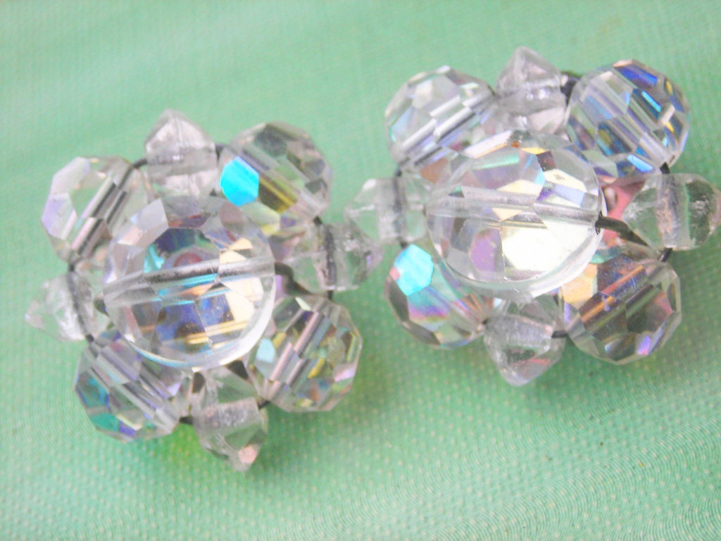 Vintage Crystal Bead Earrings Iridescent Aurora Borealis