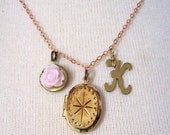 Initials Letter Vintage Brass Locket Charm Necklace - Flower Locket and Letter K