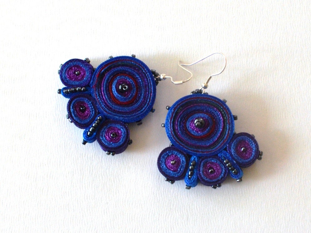 Earrings Blue Handmade - Textile Jewelry - Fiber Accessories - OOAK Ready To Ship