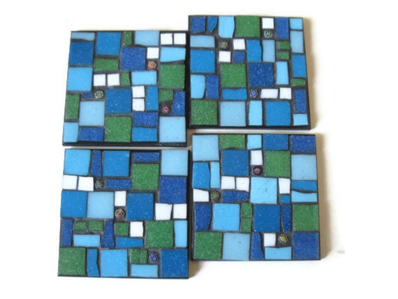 Glass Mosaic Coaster Set Kitchen Home Decoration Blue Green Millefiori
