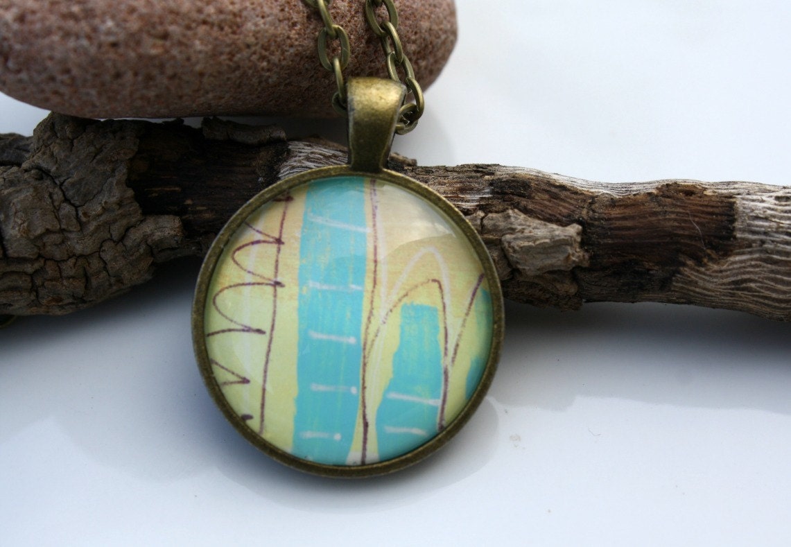Wearable Art Pendant Necklace - 24 inch Antique Brass Chain - Glass Dome Necklace - Original Abstract