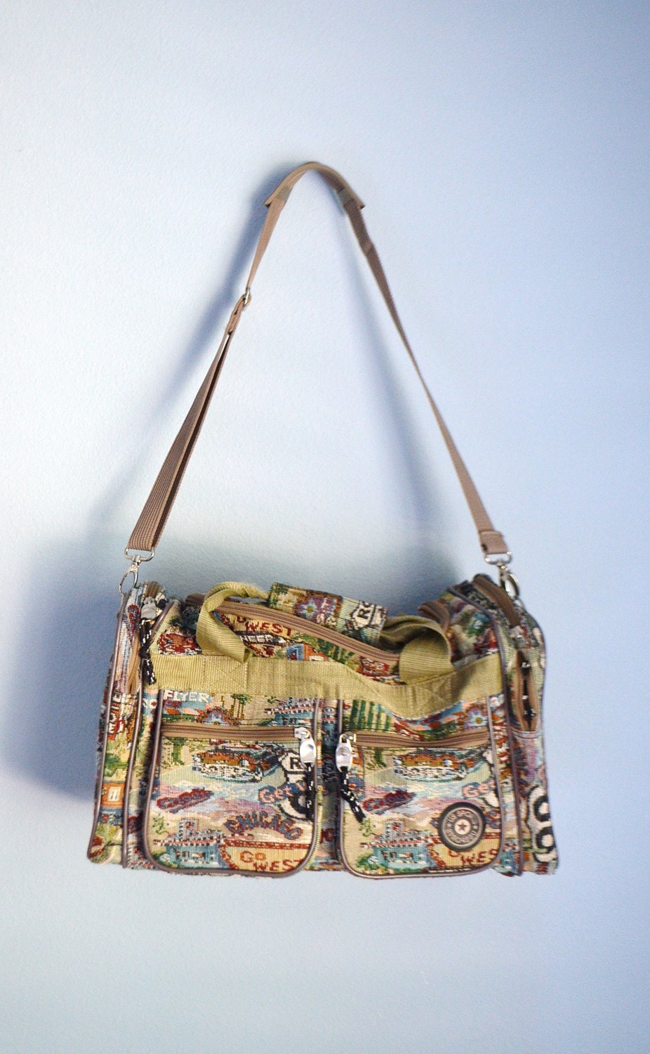 Vintage 80s 90s Tapestry Route 66 Overnight Weekender Bag Duffel