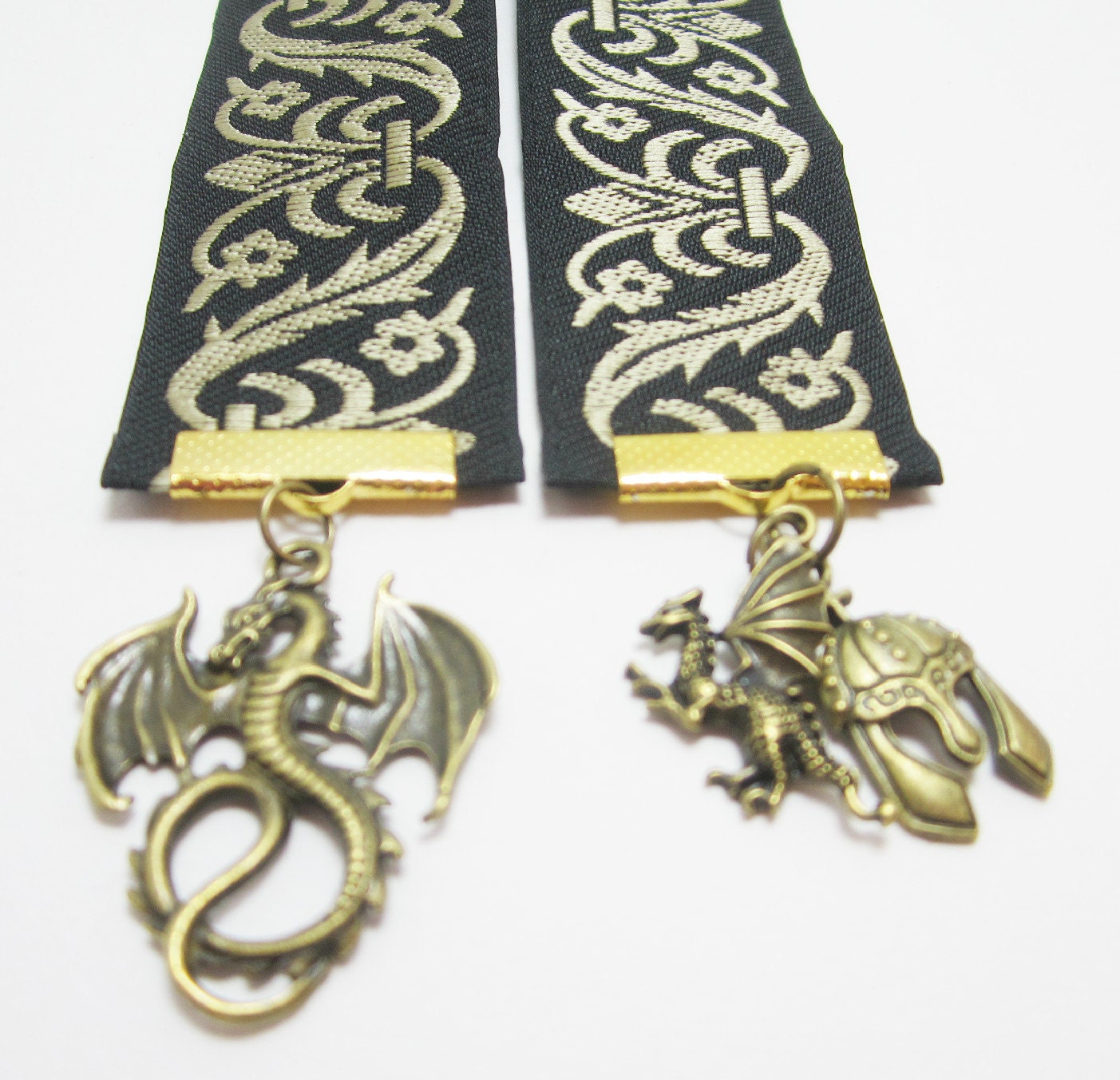 Bronze Scrolled Black Fantasy Aeonith Ribbon Bookmark with Dragons and Helmet Charms