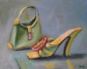 Acrylic Painting Lime Green Shoe & Purse set on 5x7 Panel Ready to Frame Green Blue Red-Lucky Lady