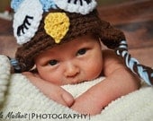 Baby Hat- Baby Owl Hat- Sleepy Owl- Light Blue and Brown Sleepy Owl Hat