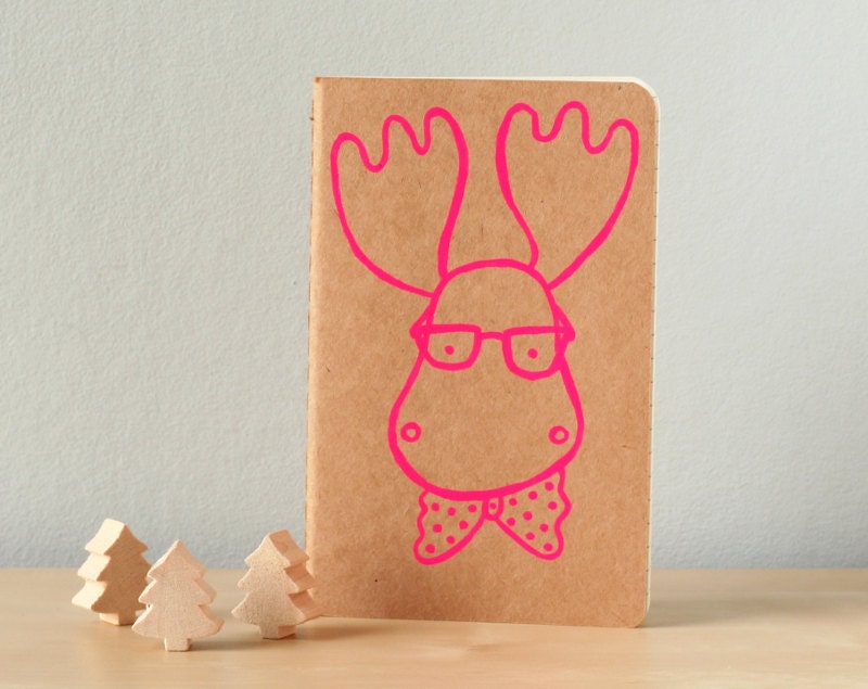 Small Deer notebook Neon pink - Deer with glasses & polka dots bow tie