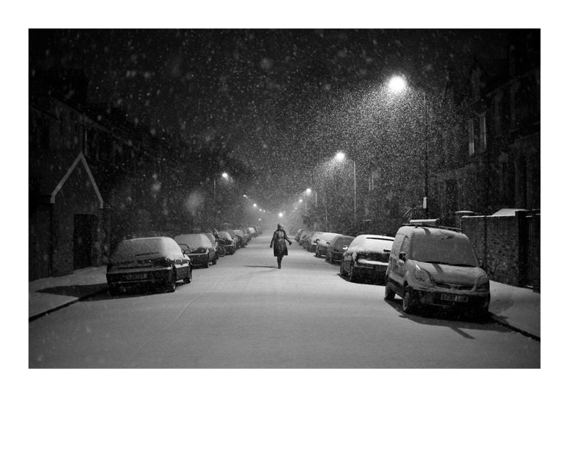 London photography, snowy black and white Hackney winter street scene with lonely female figure. 8x10 fine art photo print. UK seller