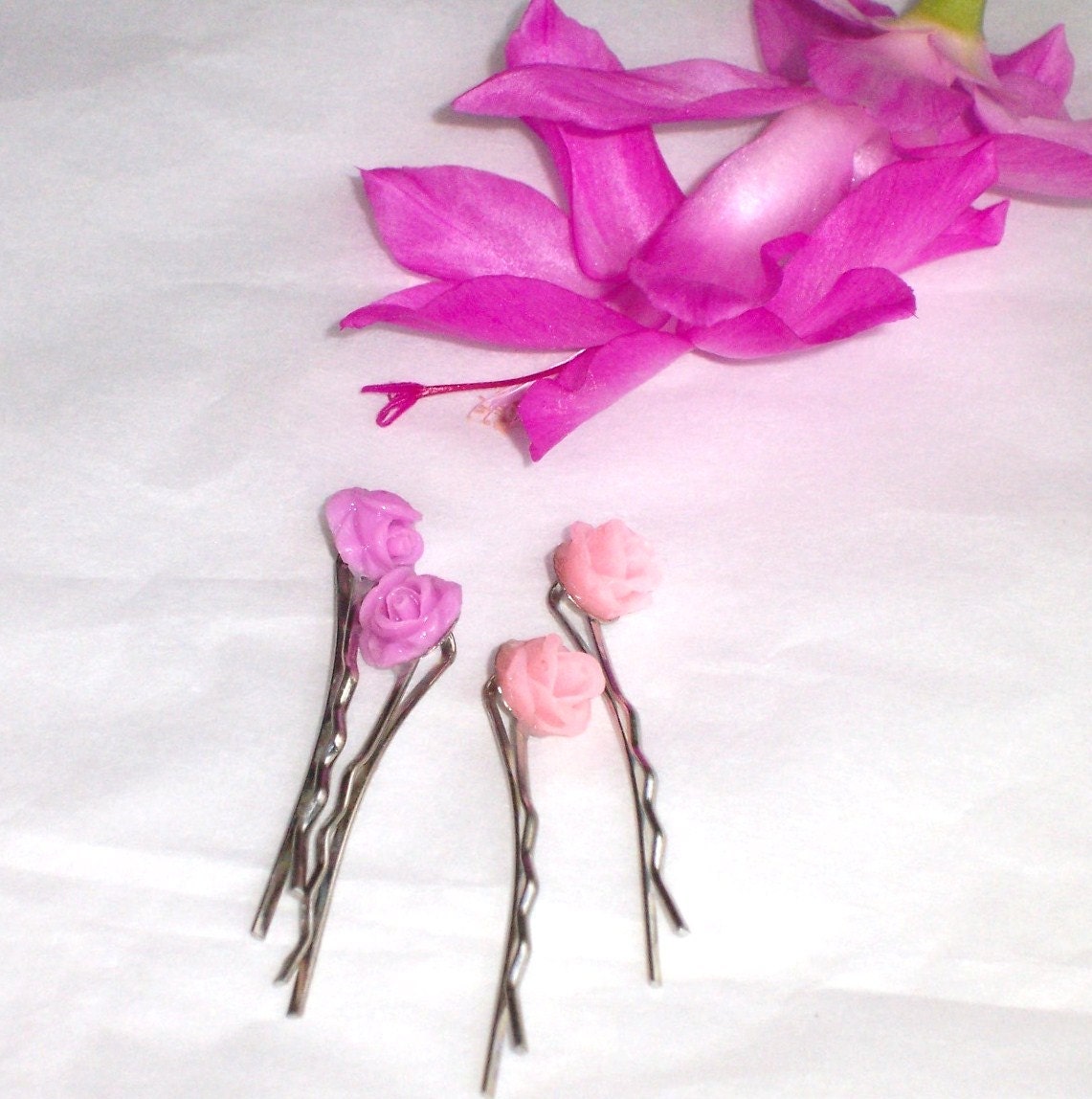 Resin Flower Bobby Pins Pink and Lavender Roses 2 sets