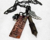 Rectangle necklace, Handstamped Jewelry, Personalized necklace, Monogram rectangle necklace, pen nib charm, angel wing charm necklace