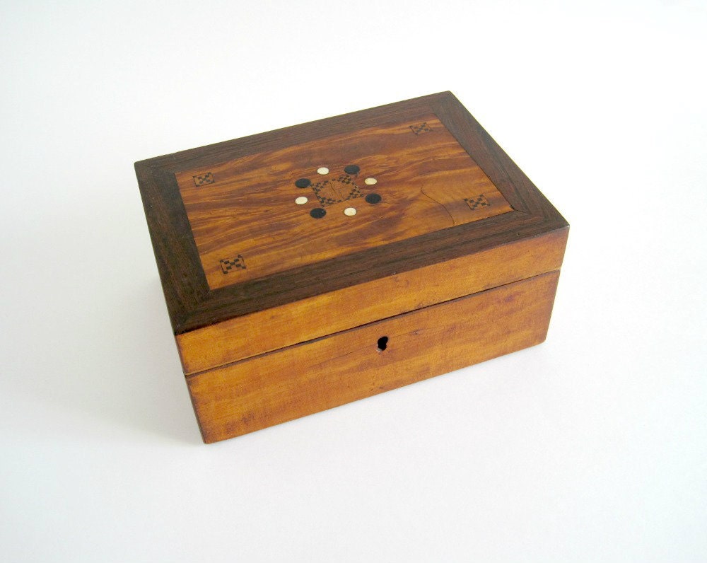 Antique Inlaid Wood Box - Wooden Trinket Box