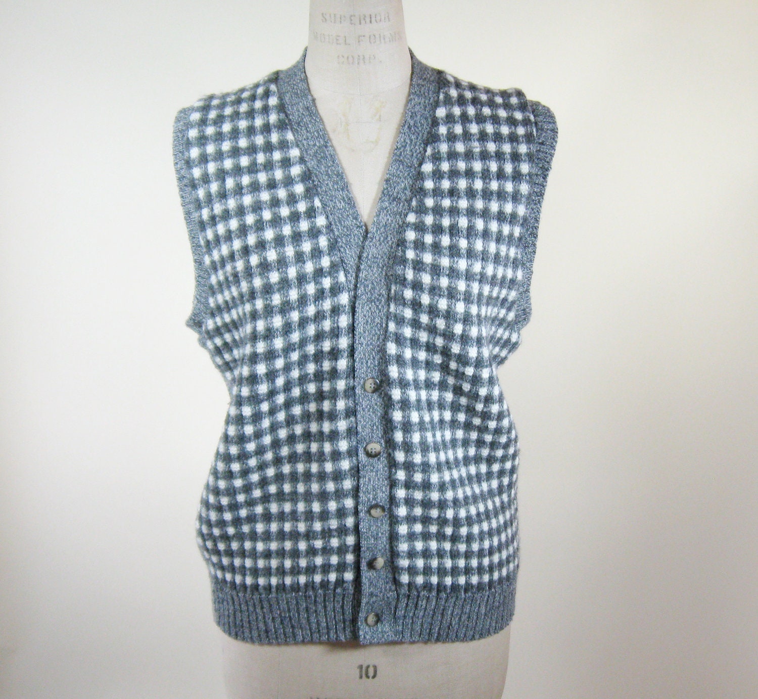 80s Grey White Sweater Vest Checked Mens Large Womens Extra Large