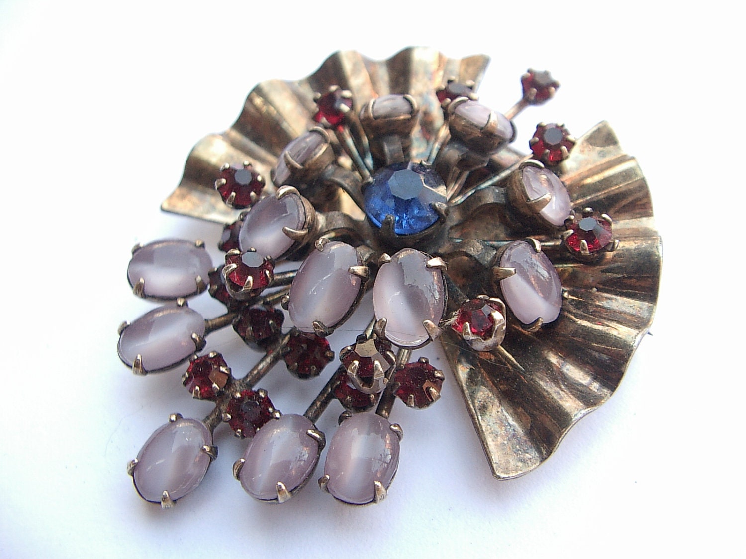 antique jewelry, Reis 12K gold filled rhinestone brooch, pink moonstones, art deco brooch pin, comet brooch