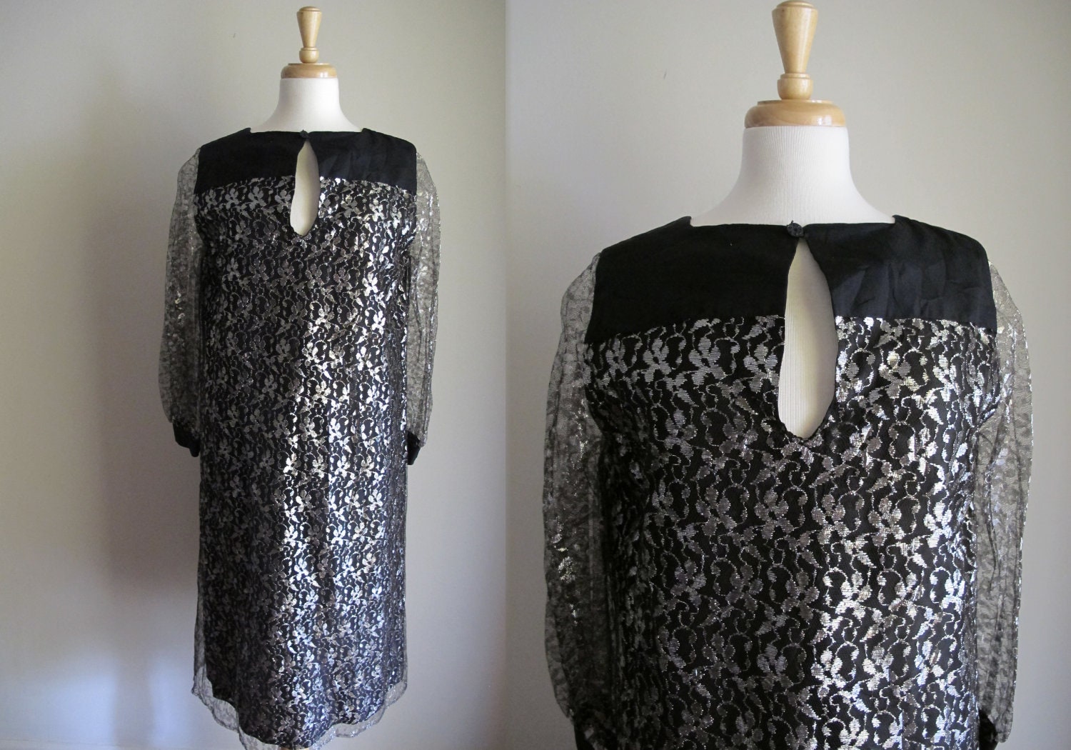 1960s Party Dress / 60s Shift Dress / Black and Silver Lace Dress