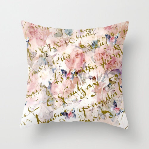 Decorative Throw Pillow Cover, French script butterflies and roses