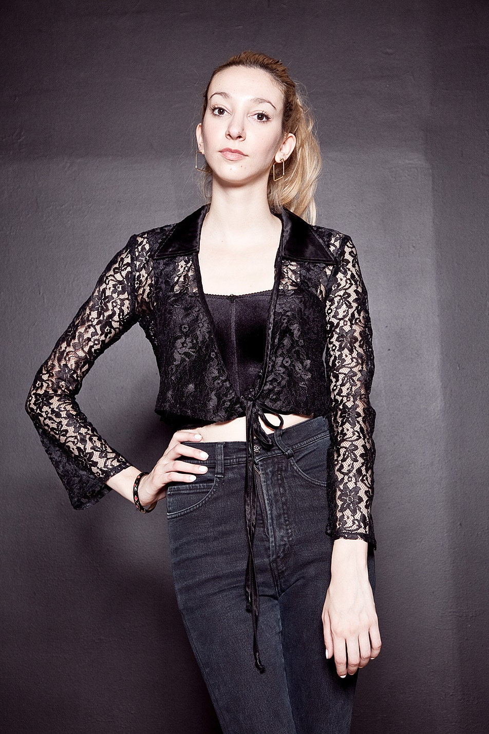 Lace Crop Top / Vintage Black Tie Front Cropped Sheer Lace Blouse / S