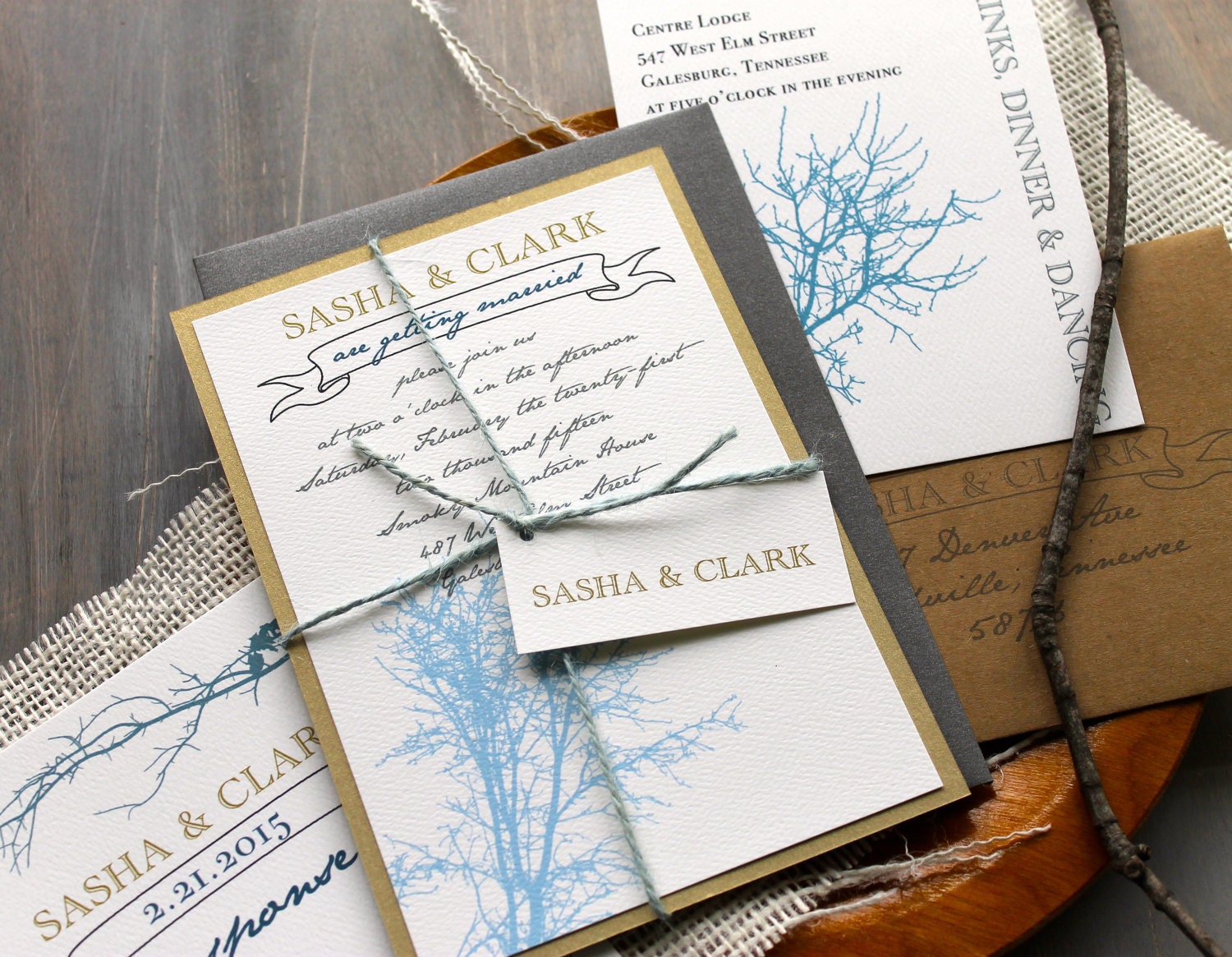 Ivory Twig - Wedding Invitations, Antique Gold, Rustic Brown Kraft, Sky Blue, & Gray - Purchase for a Sample