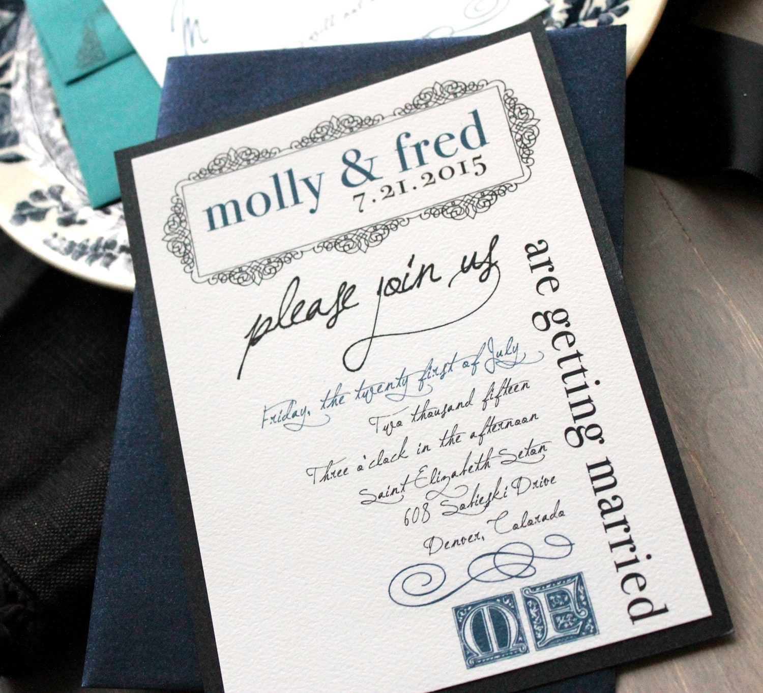 Vintage Shimmer - Modern Monogram Wedding Invitations, Navy, Teal, Black, Vintage Inspired - Sample