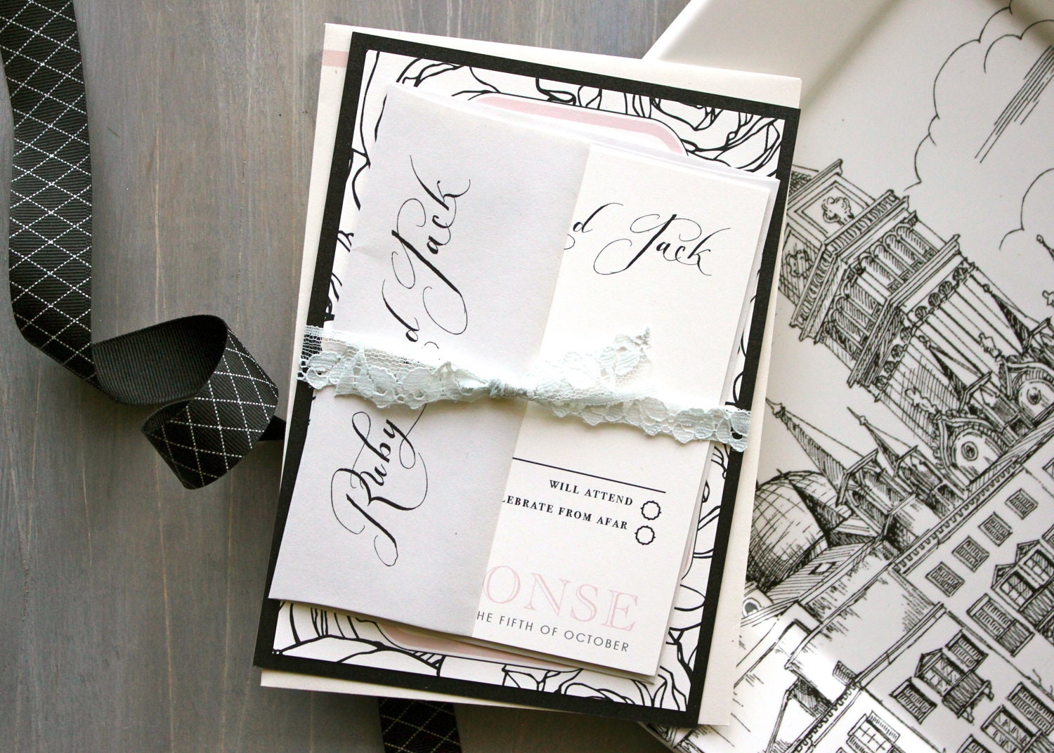 Downtown Love - Lace Wedding Invitations, Modern Blush Pink, Black Script & Gray Lace - Purchase for a Sample